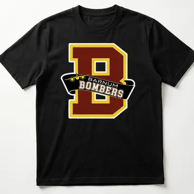 Bold collegiate Barnum Bombers t-shirt featuring a Letter B and an airplane