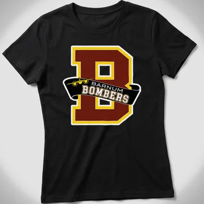 Bold collegiate Barnum Bombers t-shirt featuring a Letter B and an airplane — printed on a women's shirt