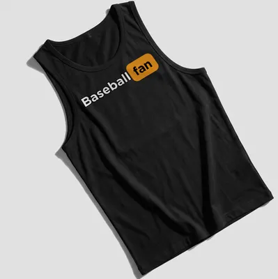 Bold typography shirt stating 'Baseball fan' in black and orange. — printed on a tank top