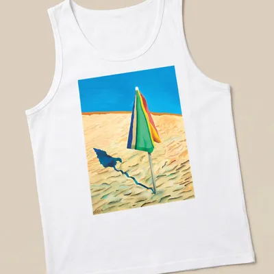 Colorful striped beach umbrella design on a vibrant — printed on a tank top