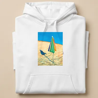 Colorful striped beach umbrella design on a vibrant — printed on a unisex hoodie