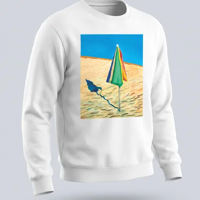 Colorful striped beach umbrella design on a vibrant — printed on a unisex sweatshirt