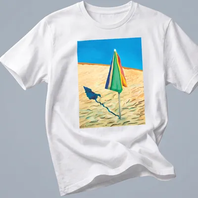Colorful striped beach umbrella design on a vibrant — printed on a unisex t-shirt
