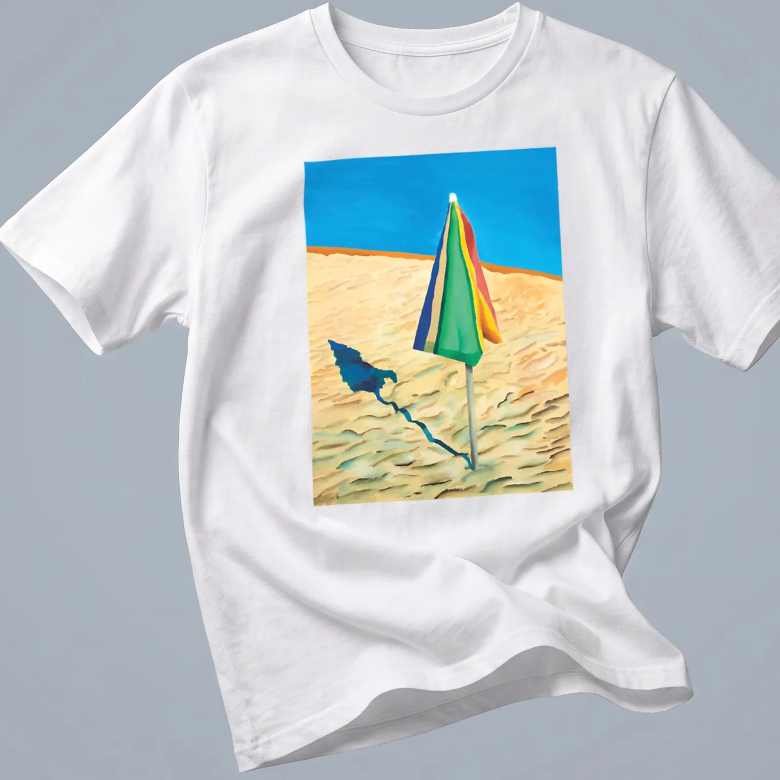 Colorful striped beach umbrella design on a vibrant — printed on a unisex t-shirt
