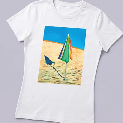 Colorful striped beach umbrella design on a vibrant — printed on a women's shirt