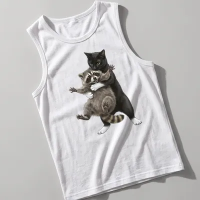 Realistic illustration of a black cat hugging a raccoon among greenery — printed on a tank top