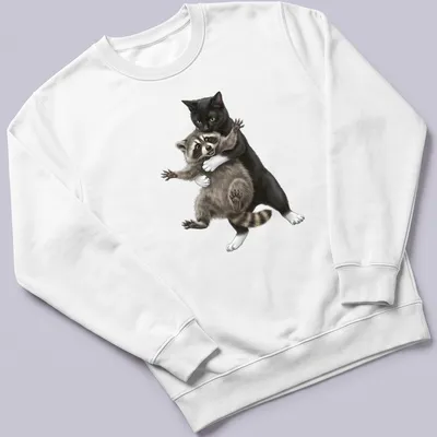 Realistic illustration of a black cat hugging a raccoon among greenery — printed on a unisex sweatshirt