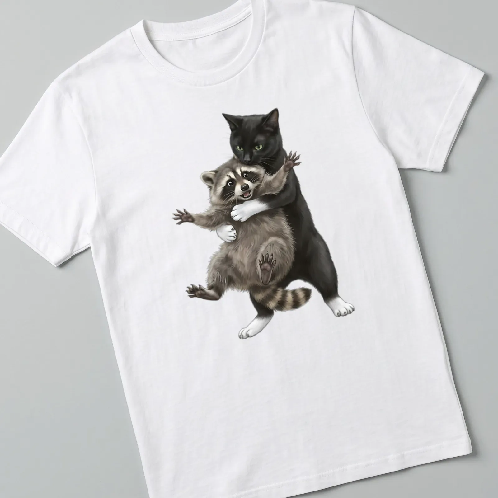 Realistic illustration of a black cat hugging a raccoon among greenery — printed on a unisex t-shirt