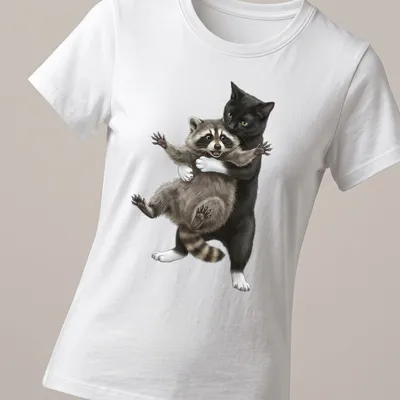 Realistic illustration of a black cat hugging a raccoon among greenery — printed on a women's shirt