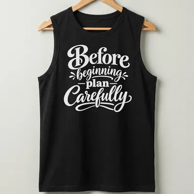 Hand-lettered script saying 'Before beginning plan Carefully' in black text — printed on a tank top