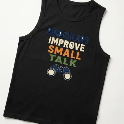 Bold and colorful t-shirt featuring binoculars and humorous text about small talk — printed on a tank top