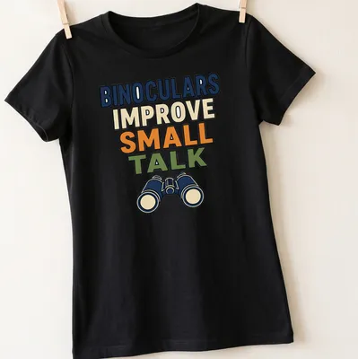Bold and colorful t-shirt featuring binoculars and humorous text about small talk — printed on a women's shirt