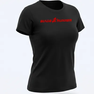 Bold graphic t-shirt featuring a Blade Runner silhouette in red — printed on a women's shirt