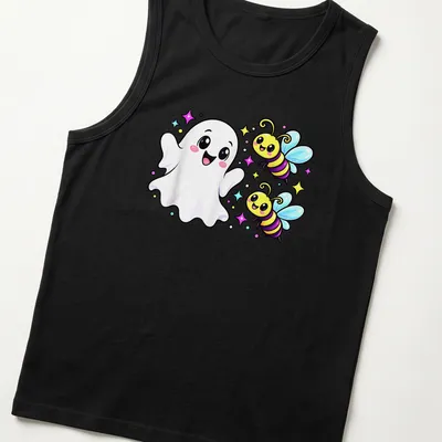Kawaii cartoon t-shirt featuring a ghost and bees with colorful text — printed on a tank top