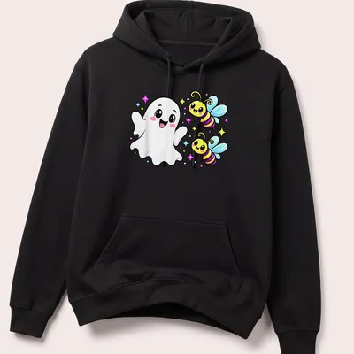 Kawaii cartoon t-shirt featuring a ghost and bees with colorful text — printed on a unisex hoodie