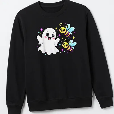 Kawaii cartoon t-shirt featuring a ghost and bees with colorful text — printed on a unisex sweatshirt