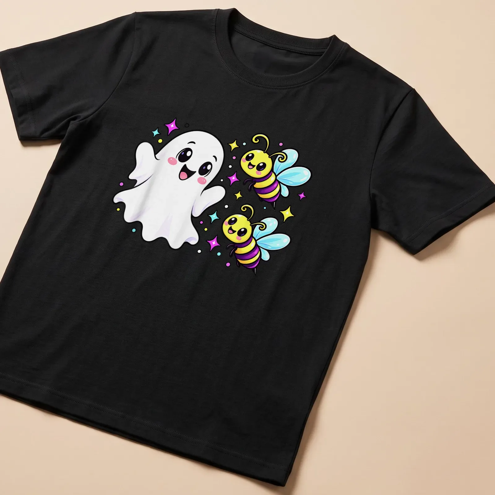 Kawaii cartoon t-shirt featuring a ghost and bees with colorful text — printed on a unisex t-shirt
