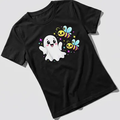 Kawaii cartoon t-shirt featuring a ghost and bees with colorful text — printed on a women's shirt