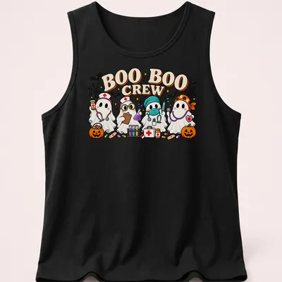 Kawaii cartoon of ghost nurses with text 'BOO BOO CREW' in vibrant colors — printed on a tank top