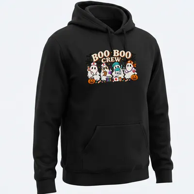Kawaii cartoon of ghost nurses with text 'BOO BOO CREW' in vibrant colors — printed on a unisex hoodie
