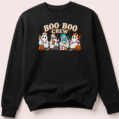 Kawaii cartoon of ghost nurses with text 'BOO BOO CREW' in vibrant colors — printed on a unisex sweatshirt