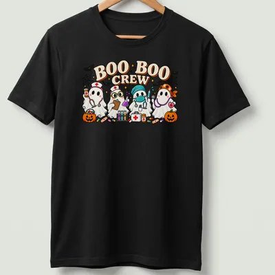 Kawaii cartoon of ghost nurses with text 'BOO BOO CREW' in vibrant colors
