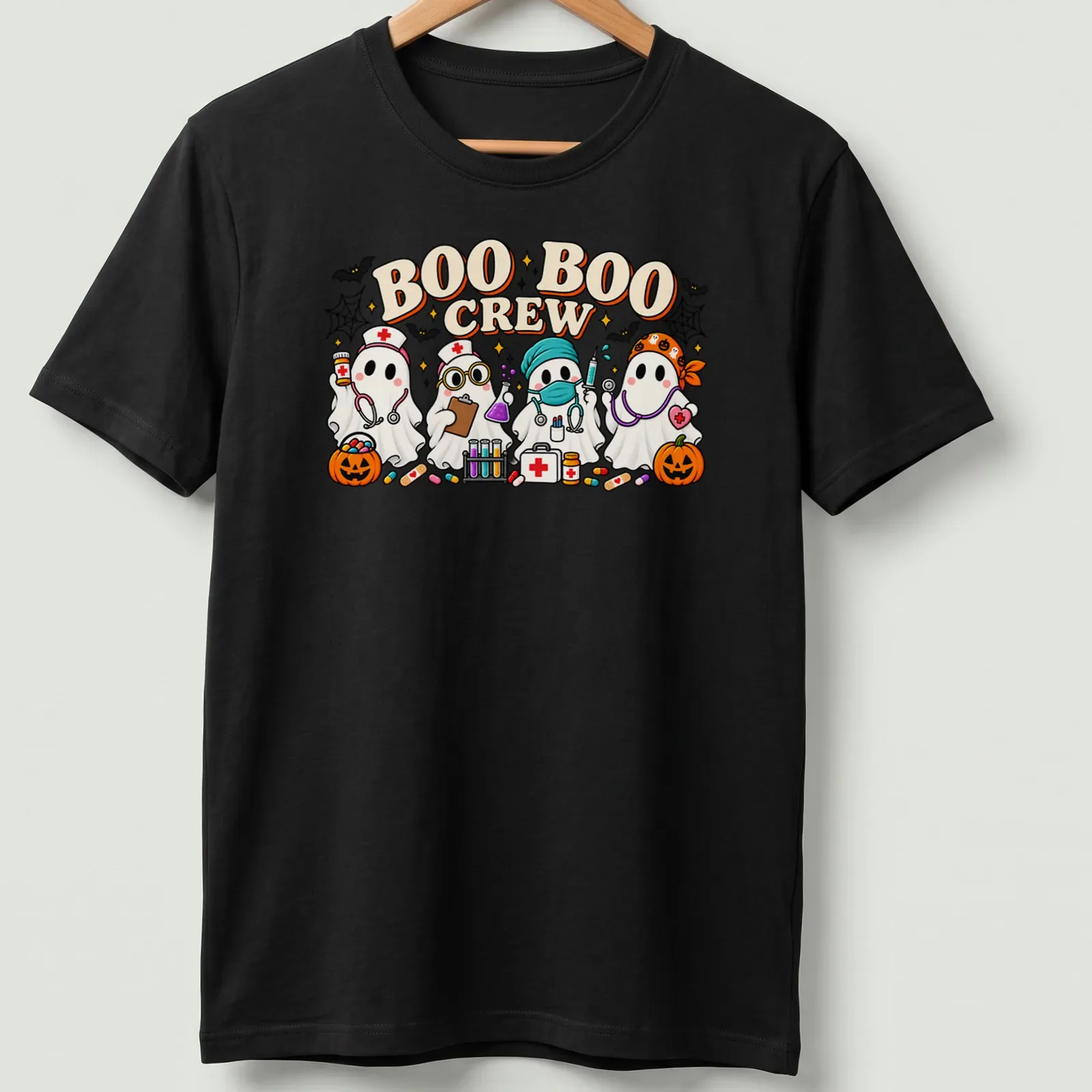 Kawaii cartoon of ghost nurses with text 'BOO BOO CREW' in vibrant colors — printed on a unisex t-shirt