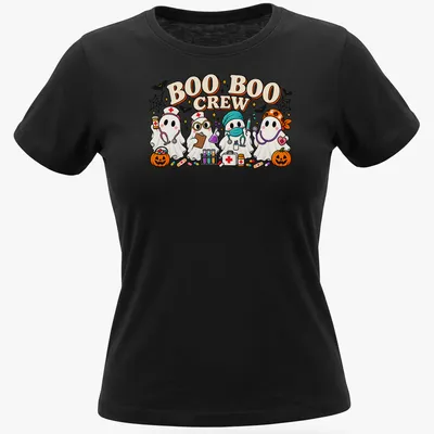 Kawaii cartoon of ghost nurses with text 'BOO BOO CREW' in vibrant colors — printed on a women's shirt