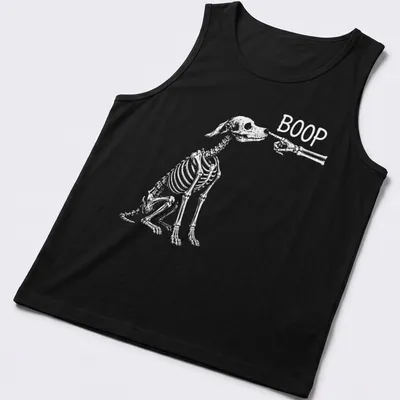Playful Halloween design featuring a dog skeleton with the word Boop above — printed on a tank top