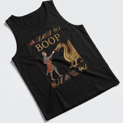 A medieval knight and dragon illustration with the word BOOP in vibrant colors. — printed on a tank top