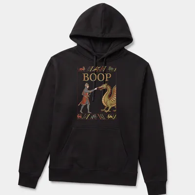 A medieval knight and dragon illustration with the word BOOP in vibrant colors. — printed on a unisex hoodie