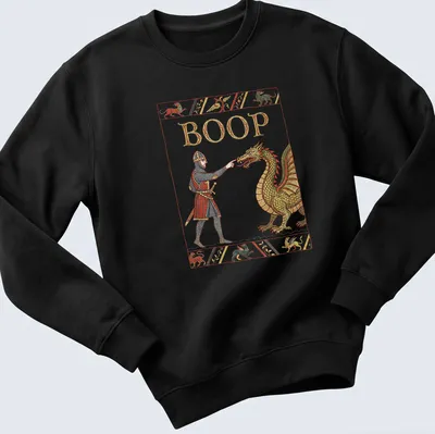 A medieval knight and dragon illustration with the word BOOP in vibrant colors. — printed on a unisex sweatshirt