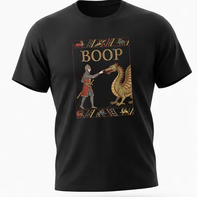 A medieval knight and dragon illustration with the word BOOP in vibrant colors.
