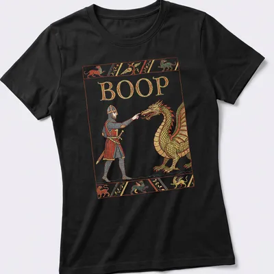 A medieval knight and dragon illustration with the word BOOP in vibrant colors. — printed on a women's shirt