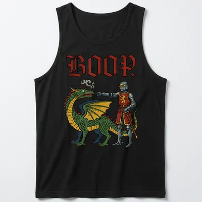 Colorful cartoon t-shirt featuring a playful dragon and the word 'BOOP.' — printed on a tank top