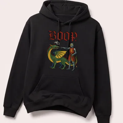 Colorful cartoon t-shirt featuring a playful dragon and the word 'BOOP.' — printed on a unisex hoodie
