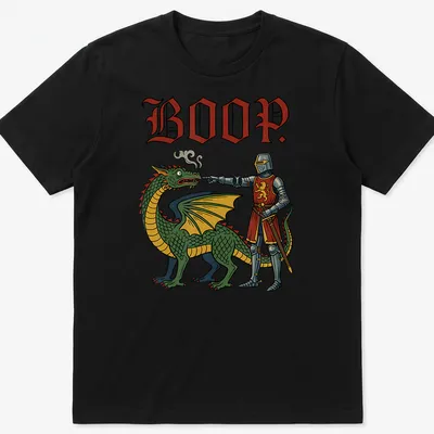 Colorful cartoon t-shirt featuring a playful dragon and the word 'BOOP.' — printed on a unisex t-shirt
