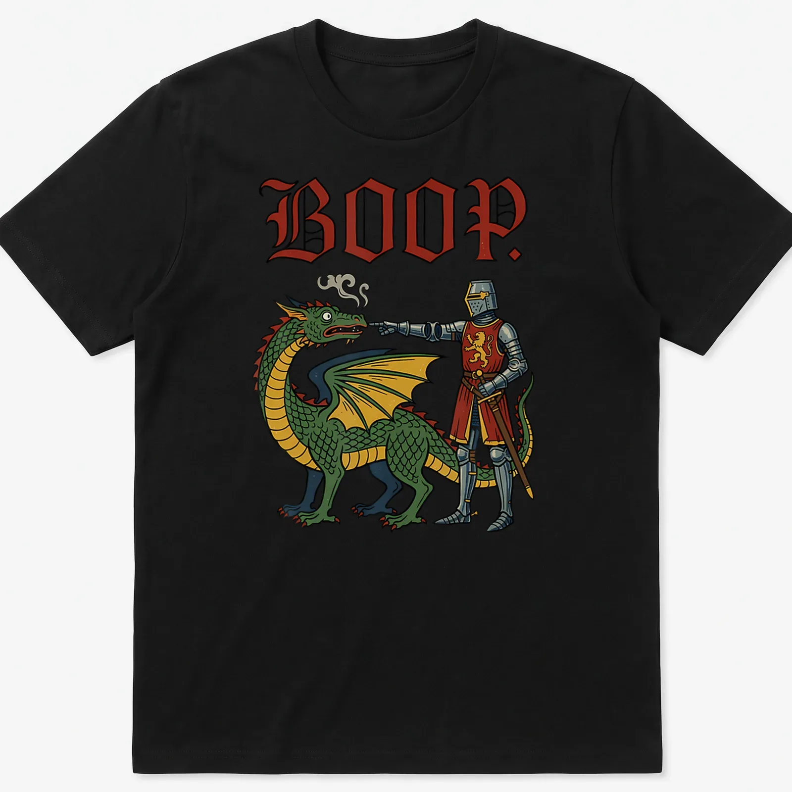 Colorful cartoon t-shirt featuring a playful dragon and the word 'BOOP.' — printed on a unisex t-shirt