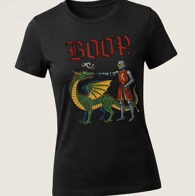 Colorful cartoon t-shirt featuring a playful dragon and the word 'BOOP.' — printed on a women's shirt