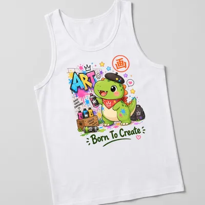 Kawaii dinosaur graphic with colorful graffiti and text above. — printed on a tank top