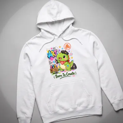 Kawaii dinosaur graphic with colorful graffiti and text above. — printed on a unisex hoodie