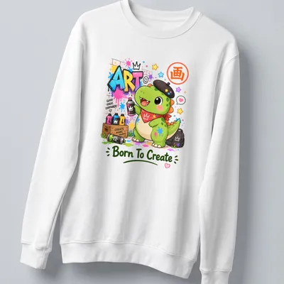 Kawaii dinosaur graphic with colorful graffiti and text above. — printed on a unisex sweatshirt
