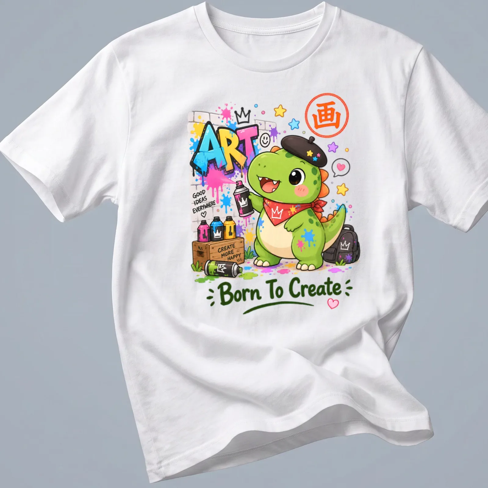 Kawaii dinosaur graphic with colorful graffiti and text above. — printed on a unisex t-shirt