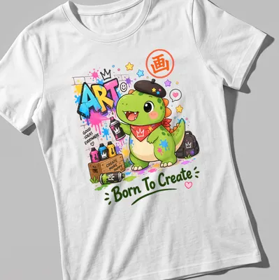 Kawaii dinosaur graphic with colorful graffiti and text above. — printed on a women's shirt