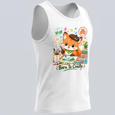 Kawaii watercolor print of a cute artist fox holding a paintbrush — printed on a tank top