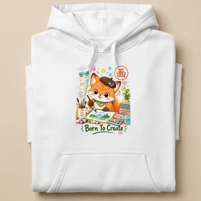 Kawaii watercolor print of a cute artist fox holding a paintbrush — printed on a unisex hoodie