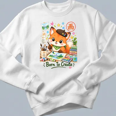 Kawaii watercolor print of a cute artist fox holding a paintbrush — printed on a unisex sweatshirt
