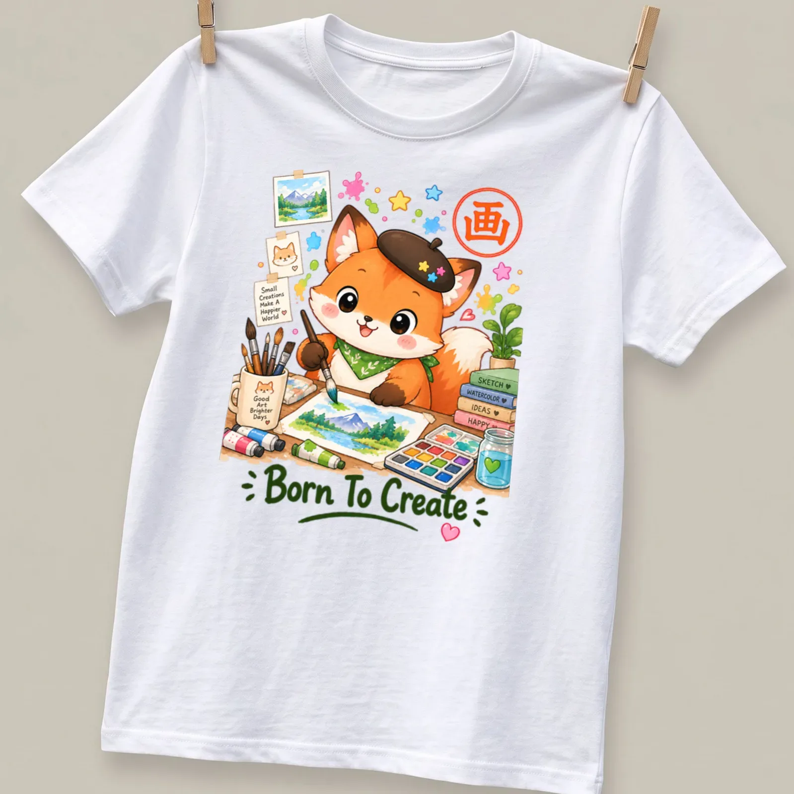 Kawaii watercolor print of a cute artist fox holding a paintbrush — printed on a unisex t-shirt