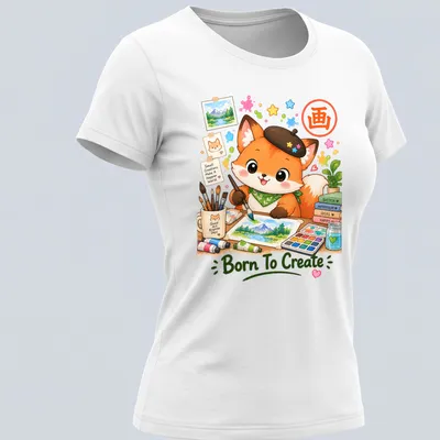 Kawaii watercolor print of a cute artist fox holding a paintbrush — printed on a women's shirt