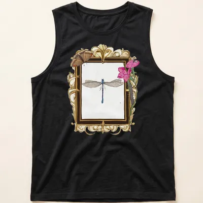 Vintage botanical-style t-shirt featuring a dragonfly in soft colors — printed on a tank top